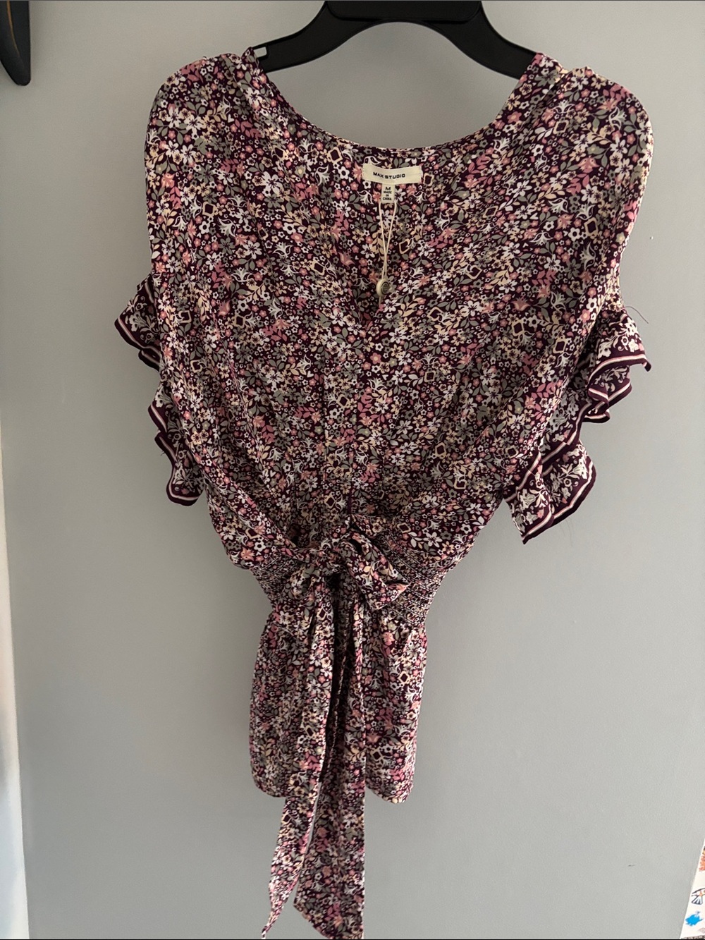 Max Studio Floral Tie-Waist Blouse in Burgundy and Pink
